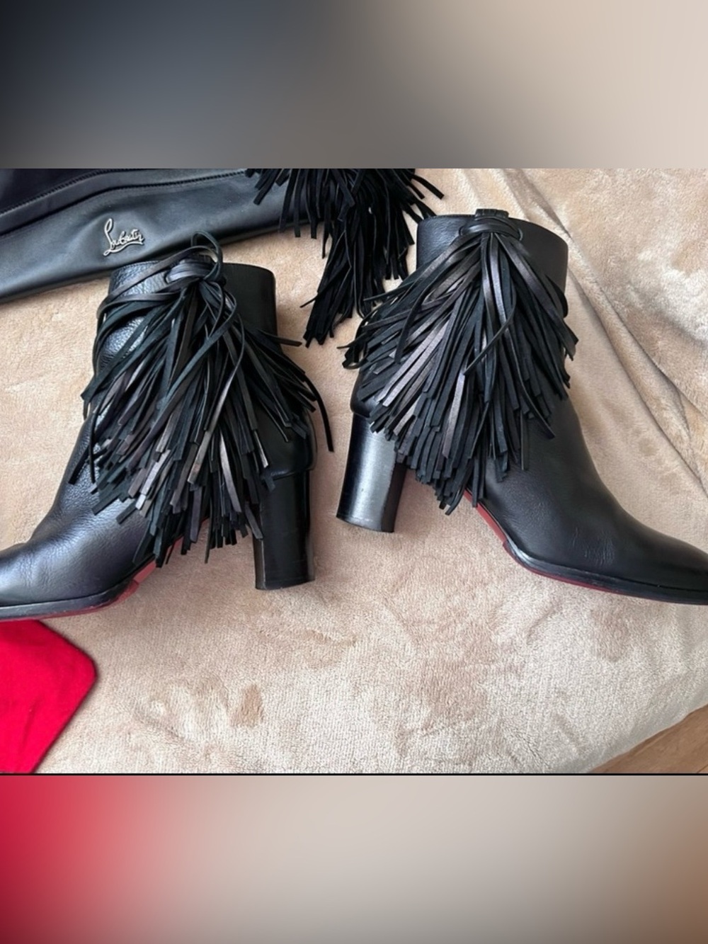 Christian Louboutin Black Leather Fringe Ankle Boots with Red Sole